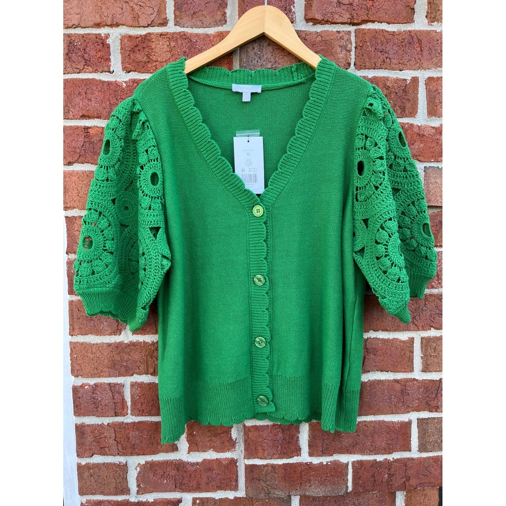 Crown & Ivy Womens Green Crochet Puff Sleeve Cardigan Sweater XL New